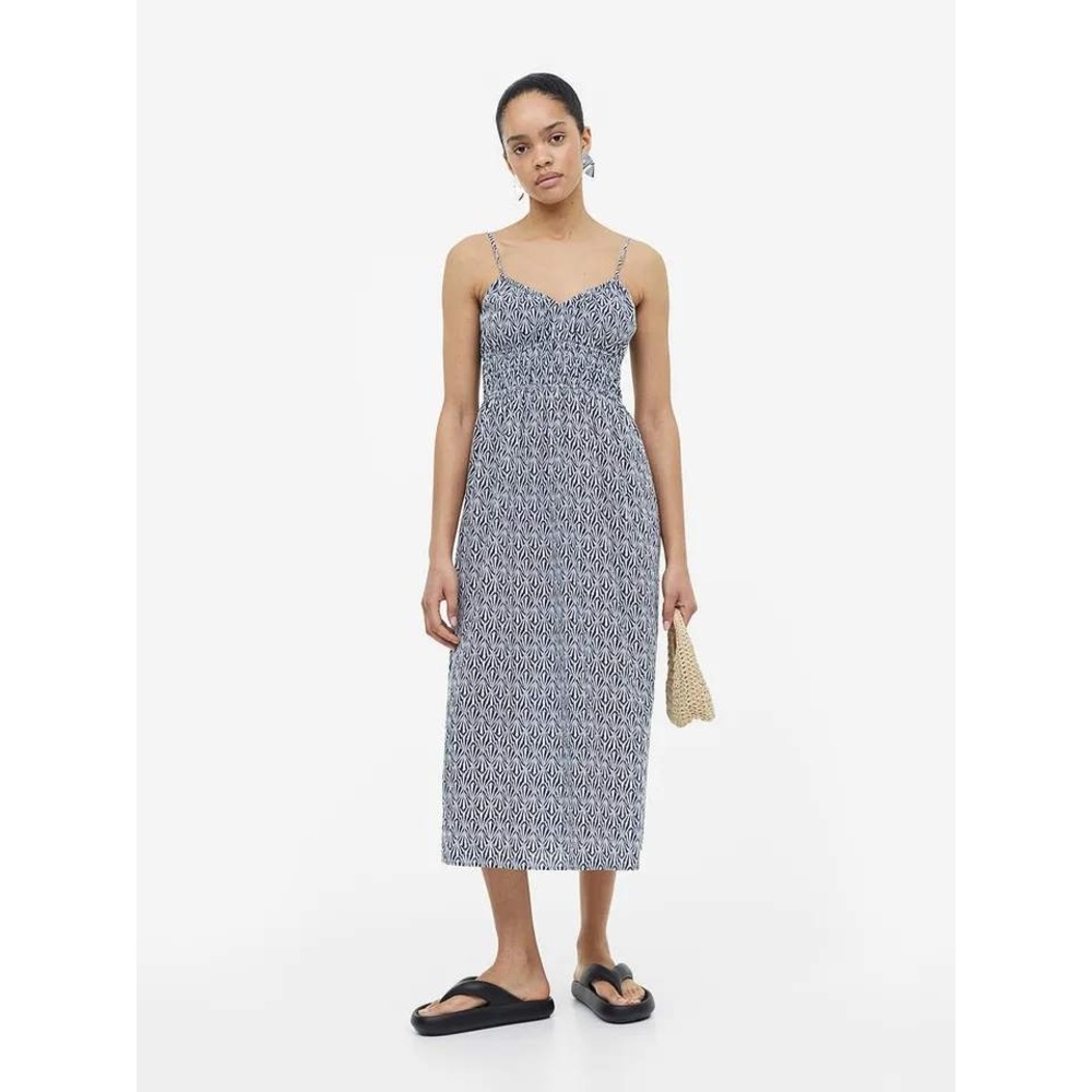 H&M Midi Sundress Size XL Blue White Linen Smocked Bodice Cotton Boho Beach
